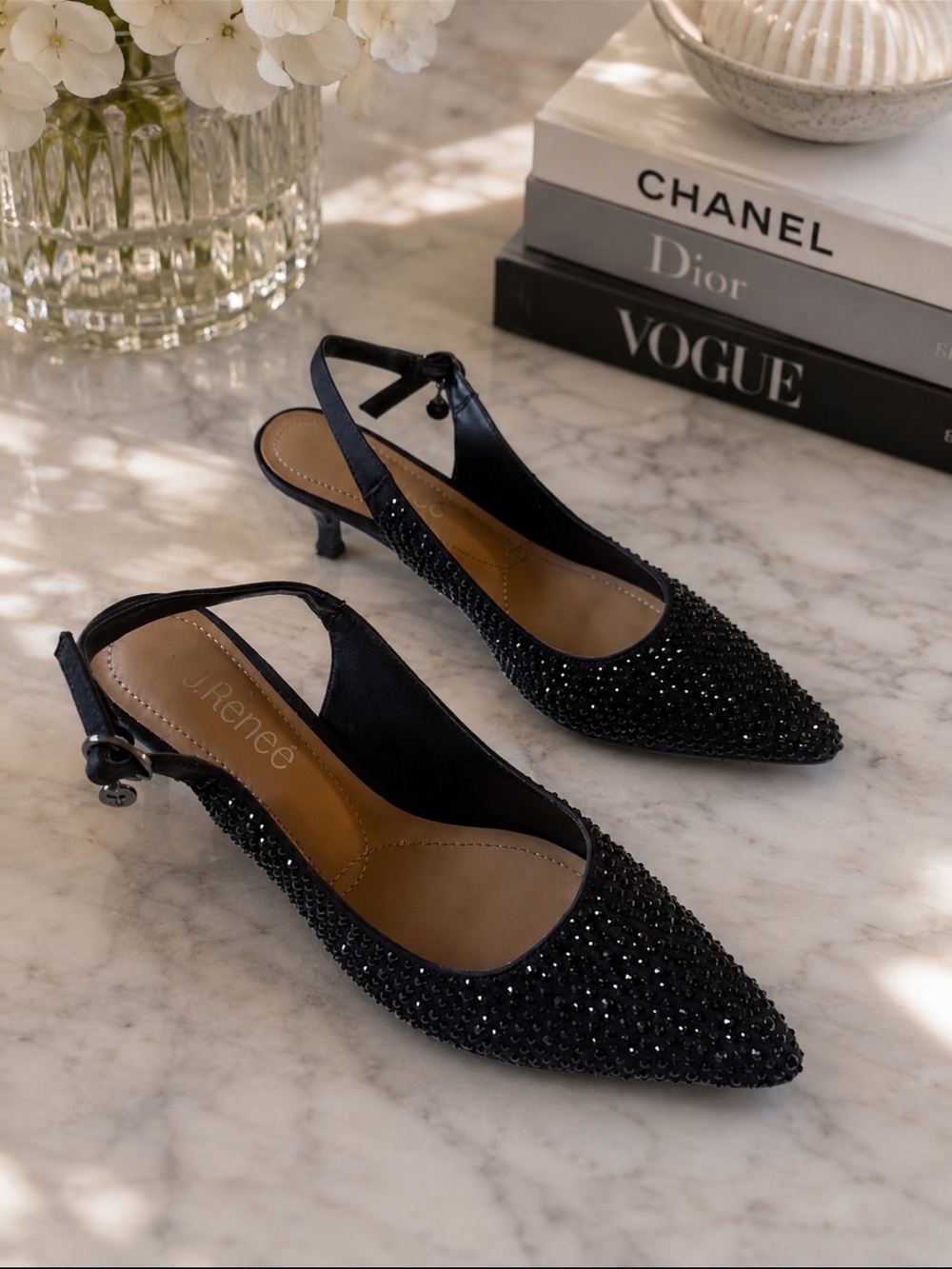 J. Renee Black Rhinestone Slingback Kitten Heels | Elegant Evening Shoes